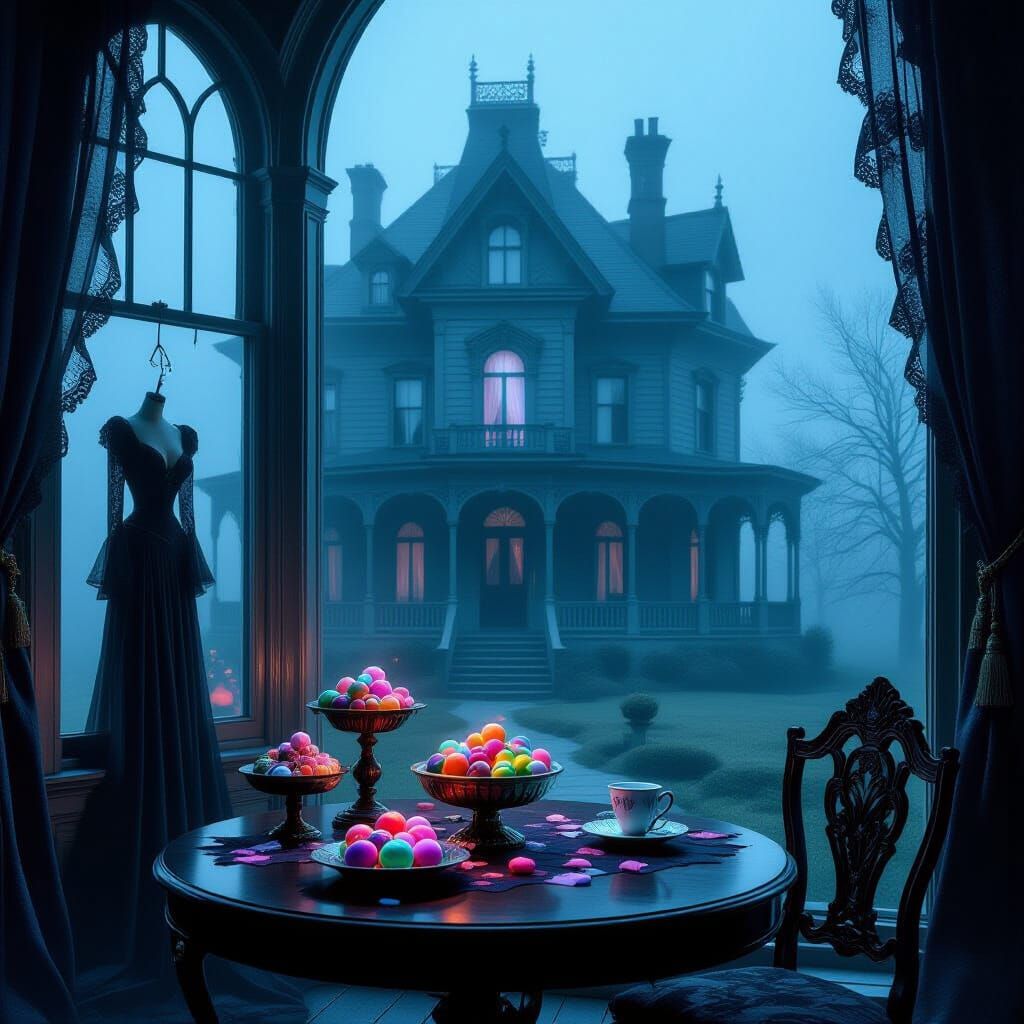 Gothic Mansion in Fog with Eerie Costumes and Spectral Candi...