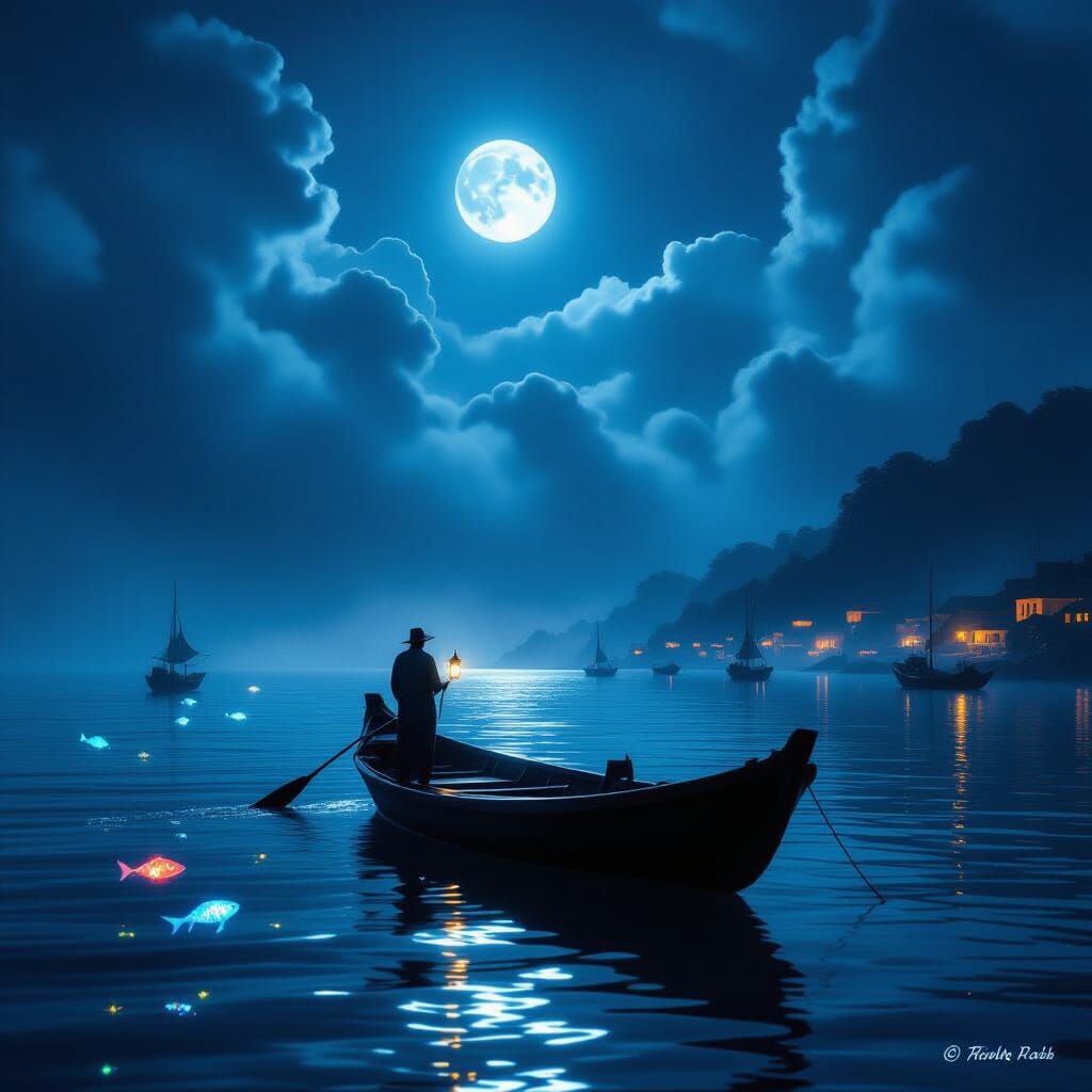 Fisherman on Dark Ocean Under Cold Moonlit Sky