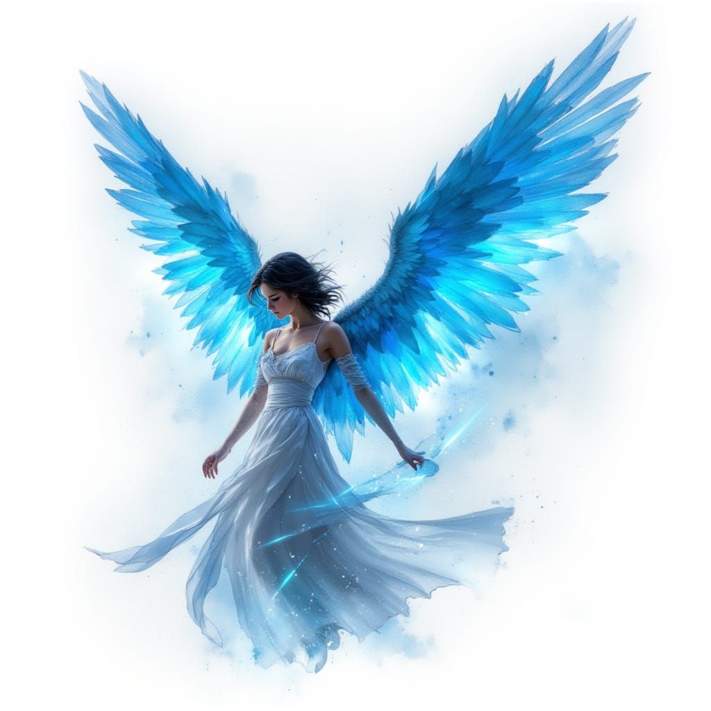 Battle-Hardened Angel Spreads Luminous Blue Wings