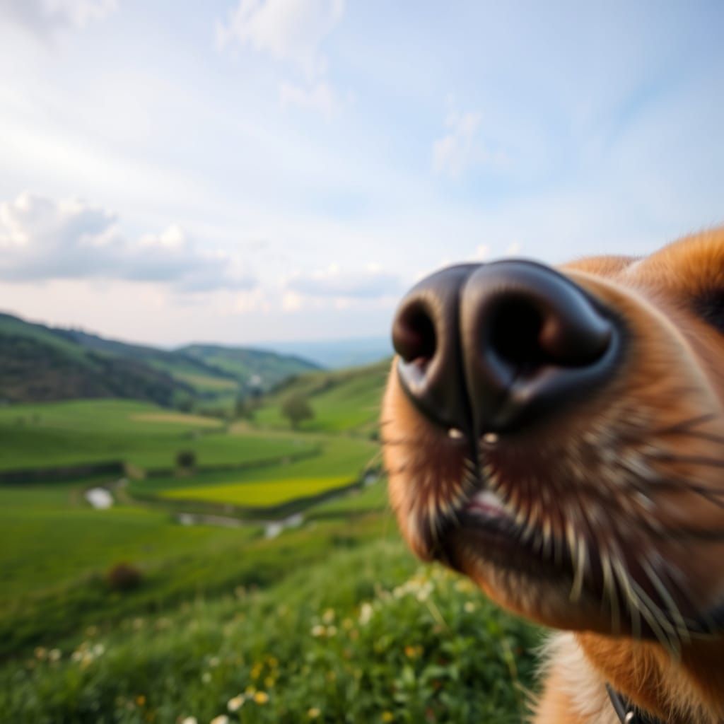 Surreal Valley Landscape in Soft Focus with Inquisitive Dog