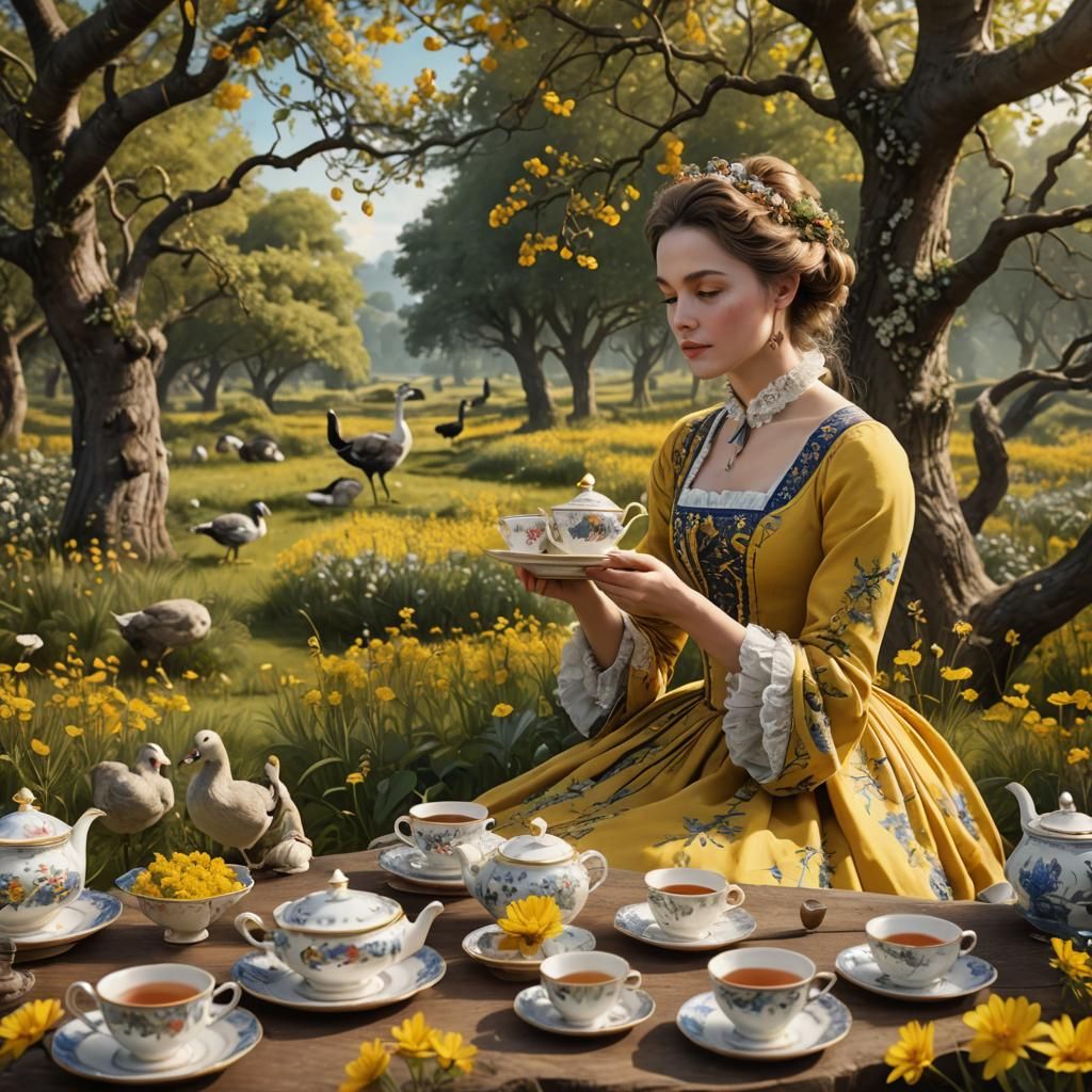 Elegant Tea Party in Orchard, Detailed Matte Painting