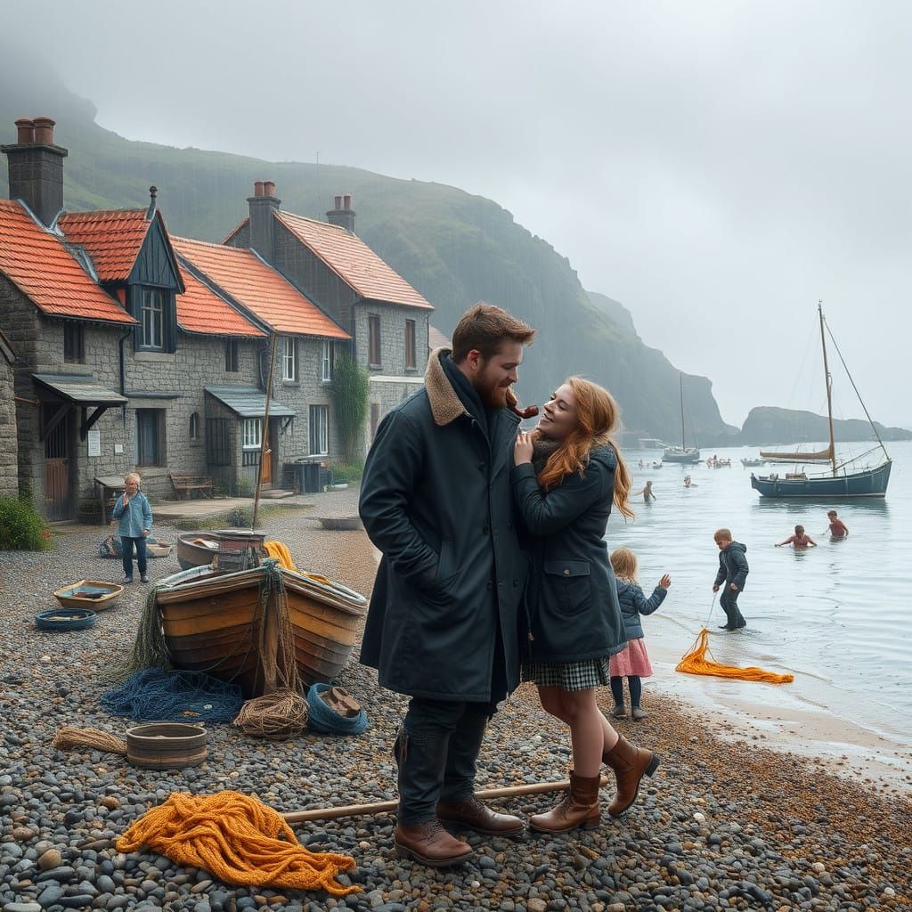 Welsh Coastal Village Scene in Dreamlike Hues