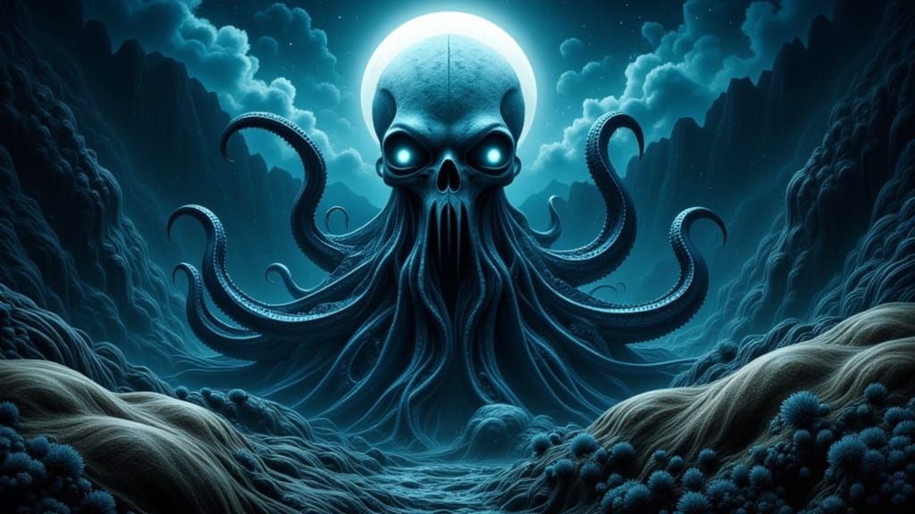 Skeletal Kraken in Bioluminescent Depths