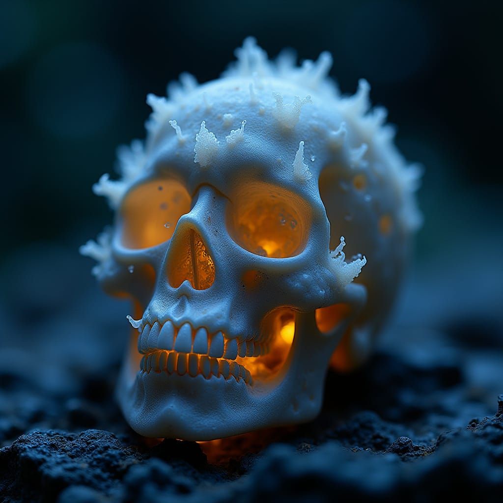 Bioluminescent Fungi Embrace Obsidian Skull in Hyperrealism