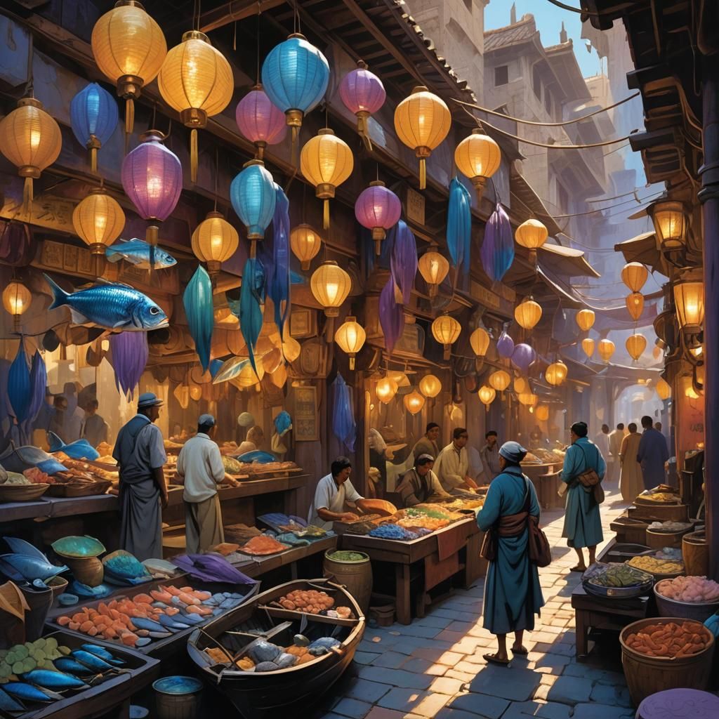 An ancient market selling fish