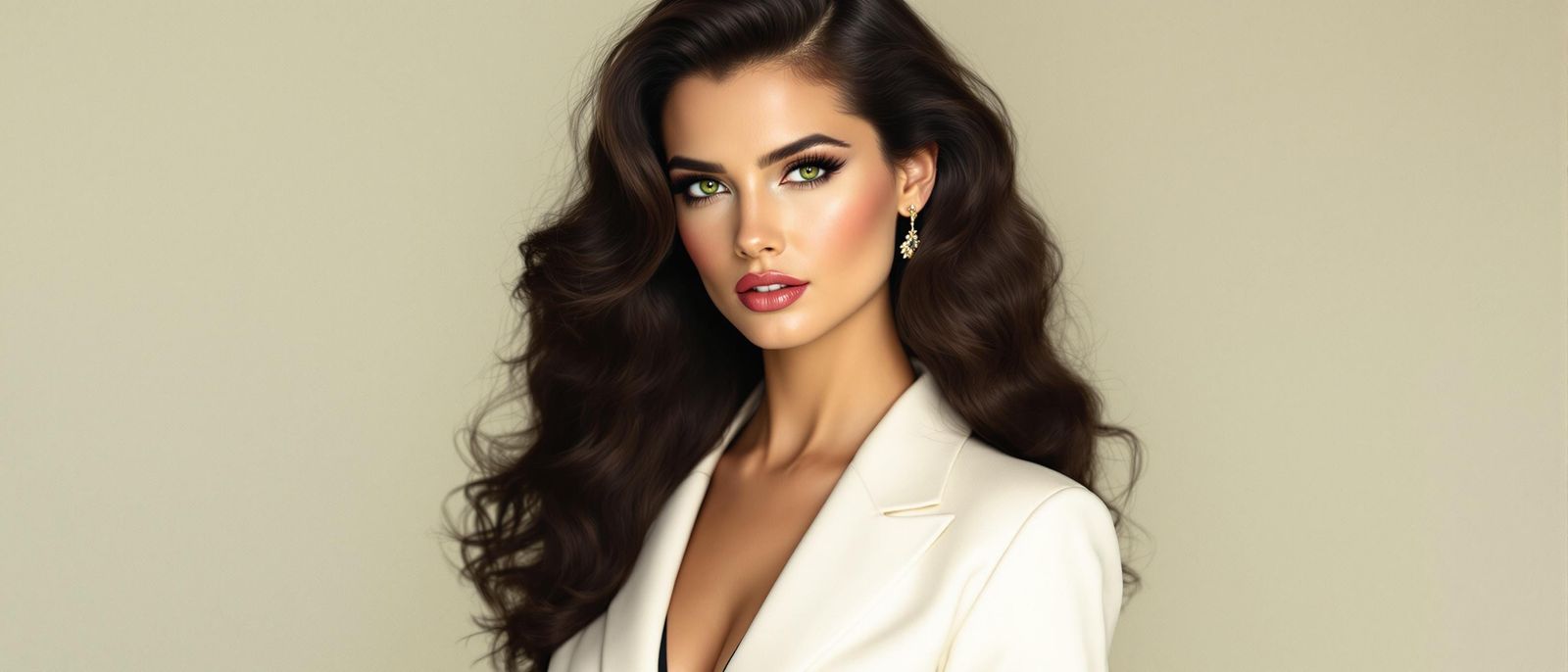 Woman in Elegant 1950s-Inspired White Pantsuit with Green Ey...