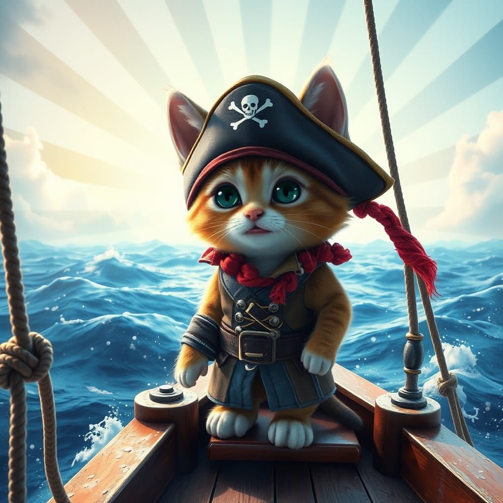 Kitten Pirate Captain on Stormy Seas, Watercolor Style