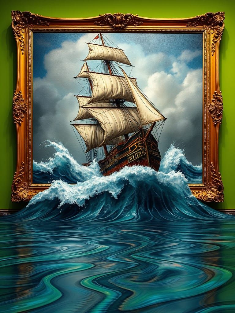 Stormy Frigate on a Rococo-Inspired Museum Wall