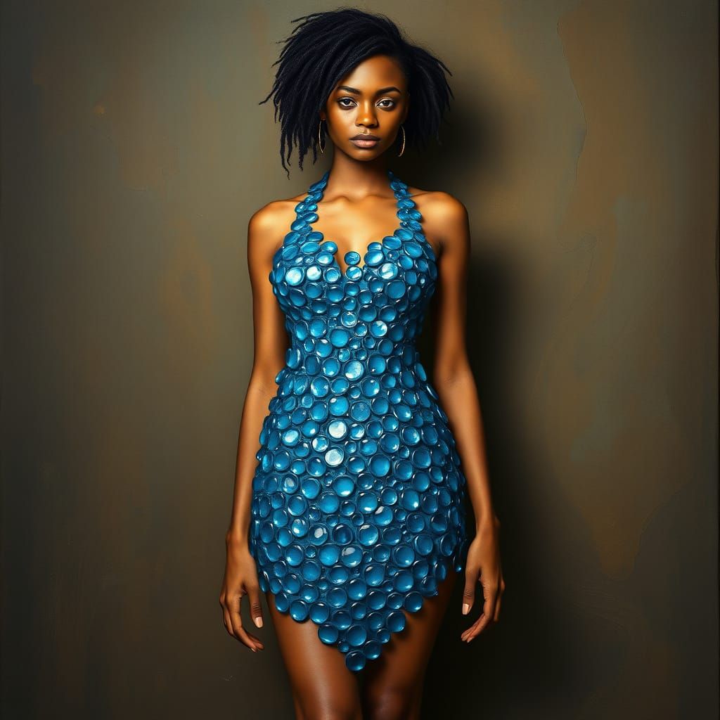 Punk Woman in Flowing Blue Glass Dress