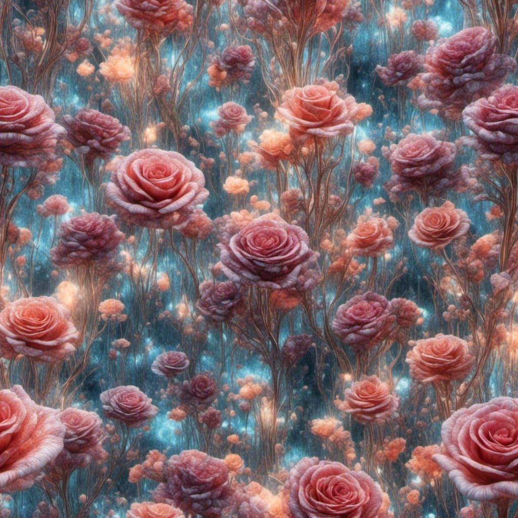 Psychedelic Roses in Hyperreal Glass Style