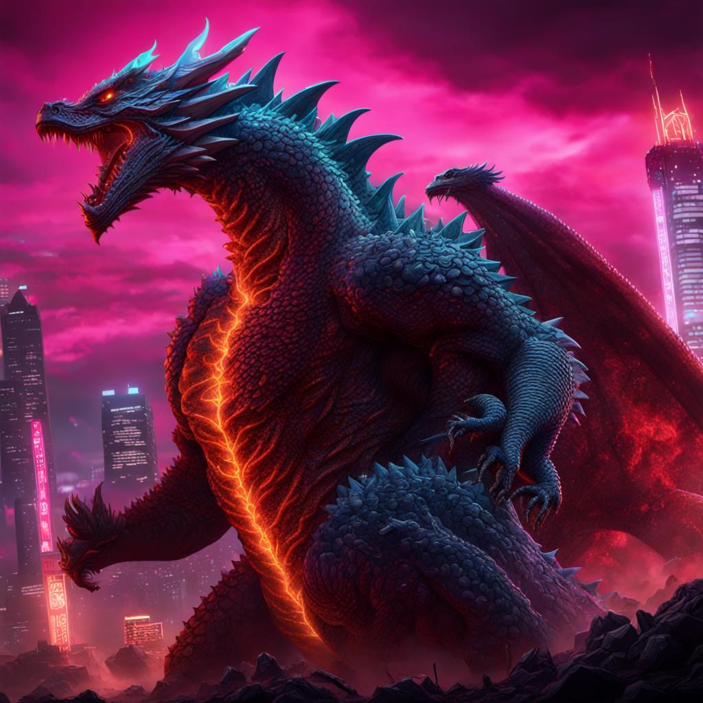 Neon Dragon Versus Godzilla: Detailed Matte Painting