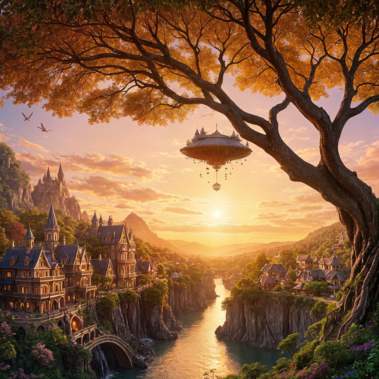 Majestic Fantasy Tree City at Sunset in Art Nouveau Style