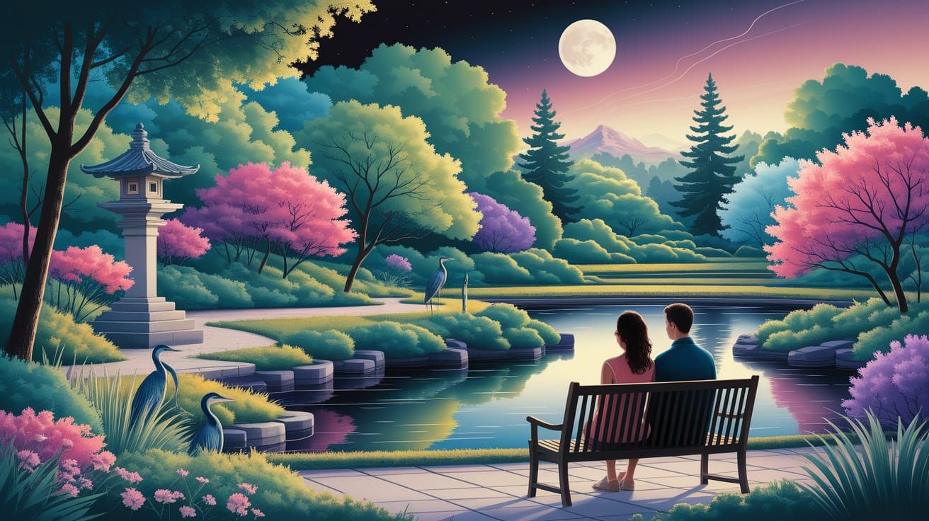 Moonlit Japanese Zen Garden in Summer