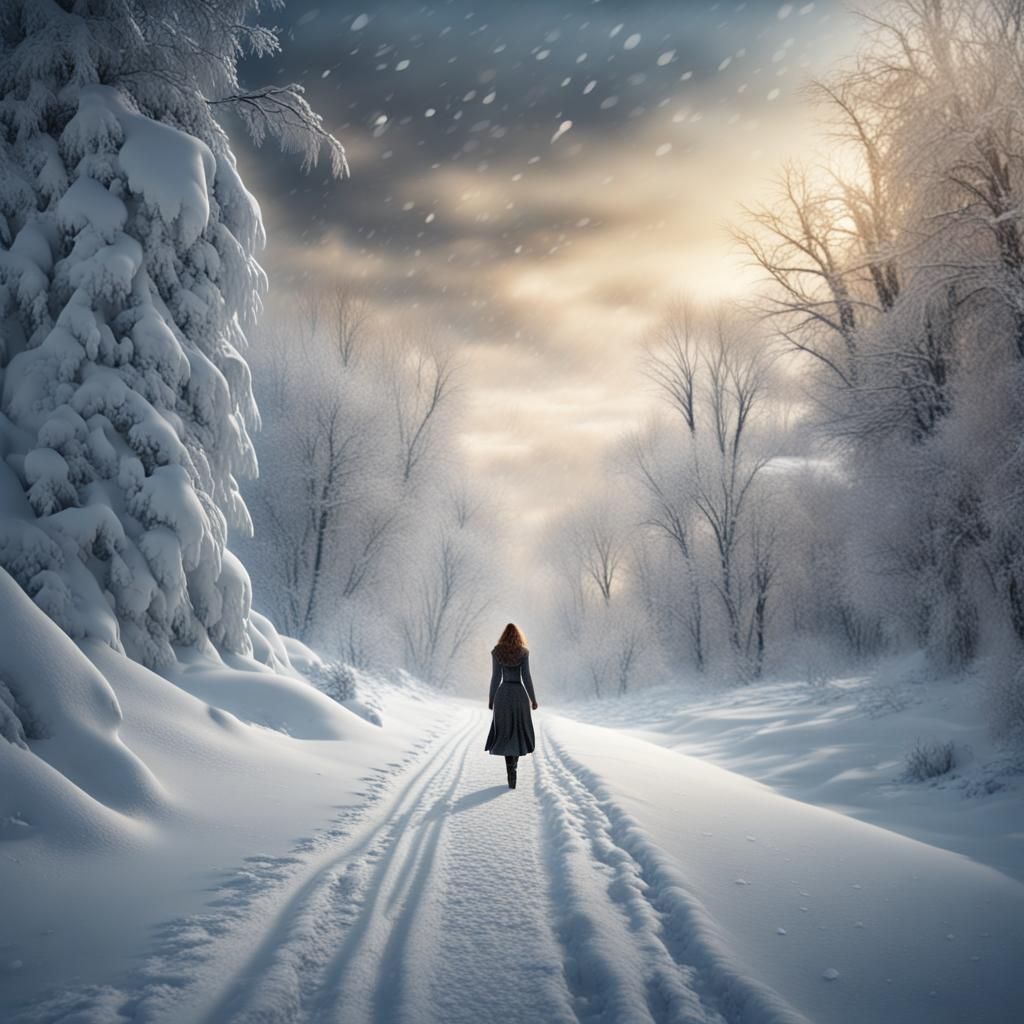 Woman Walks Snowy Road in Winter Storm