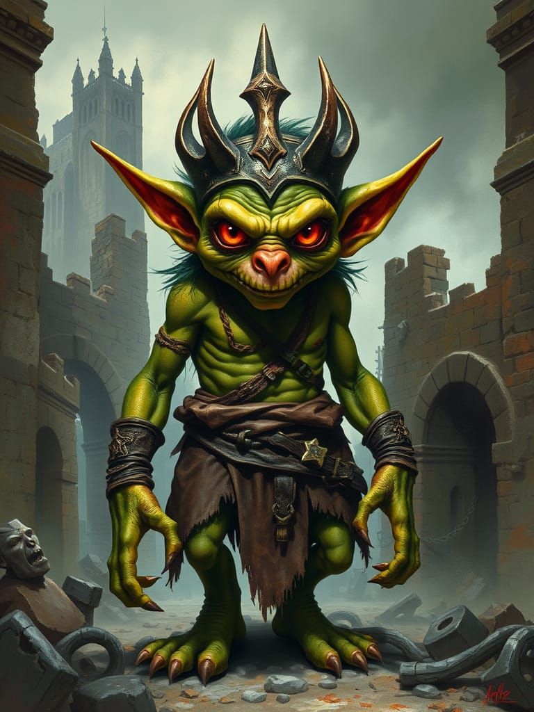 Emerald Goblin King in Dark Fantasy Ruins