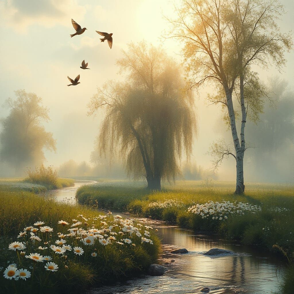 Mystical Slavic Morning Meadow in Impressionistic Style