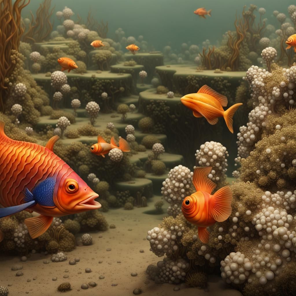 Detailed Japanese Fish Painting in Hiroshi Yoshida Style