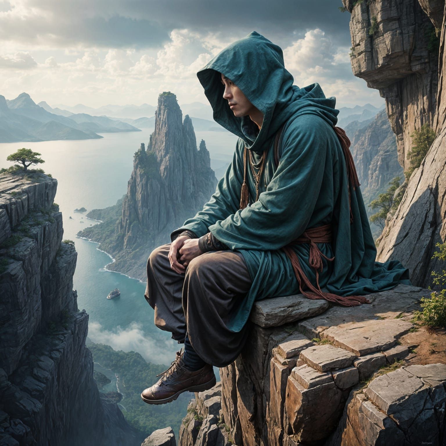 Solitary Artist Contemplates Fantasy Cliffside Landscape