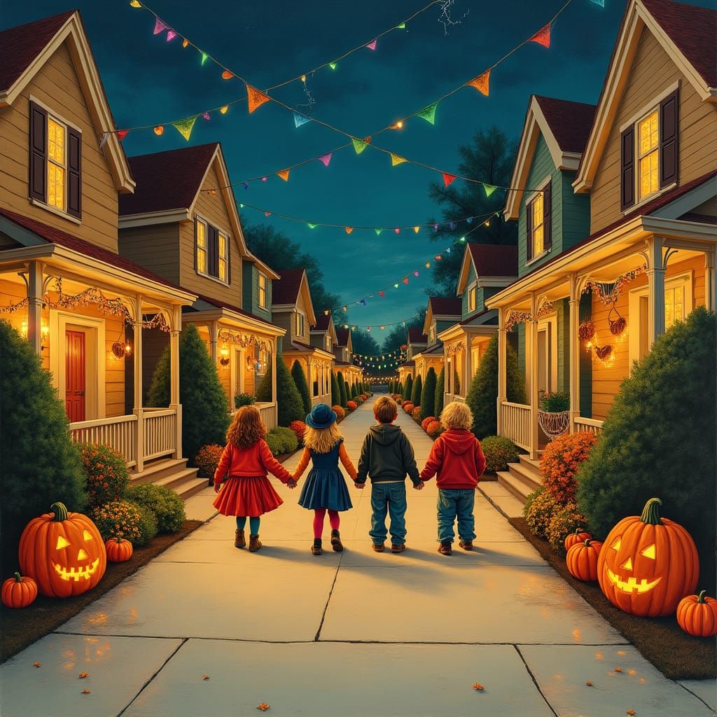 Festive Trick-or-Treaters in Whimsical Autumn Scene