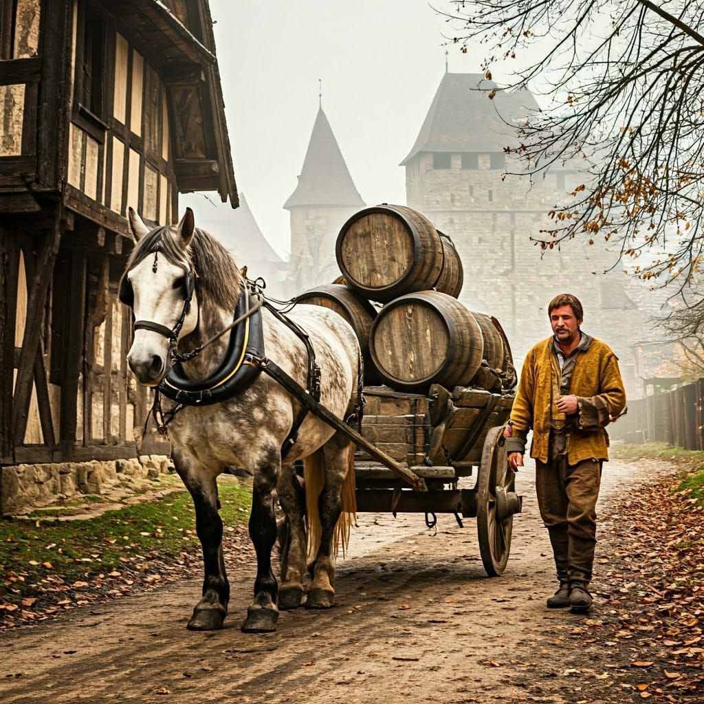 Majestic Percheron Horse Pulls Ornate Cart through Autumnal ...