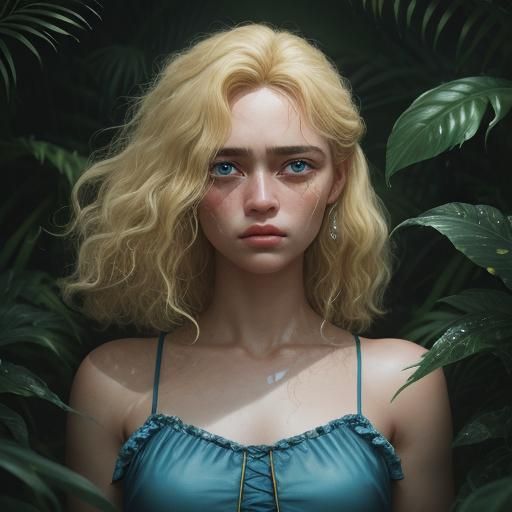 Sad Blonde Woman Crying in Jungle, 3D Render