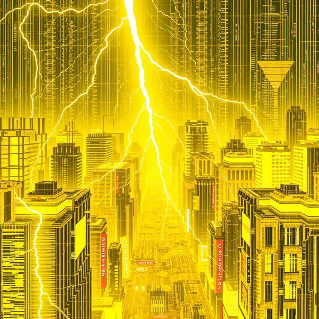 Neon City Ablaze with Glitched Yellow Lightning