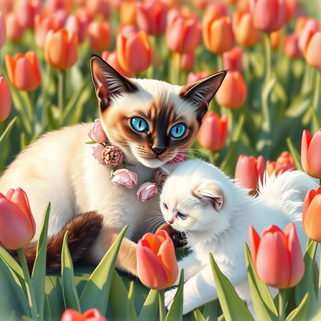 Siamese Cat and Kitten in Floral Watercolor Style