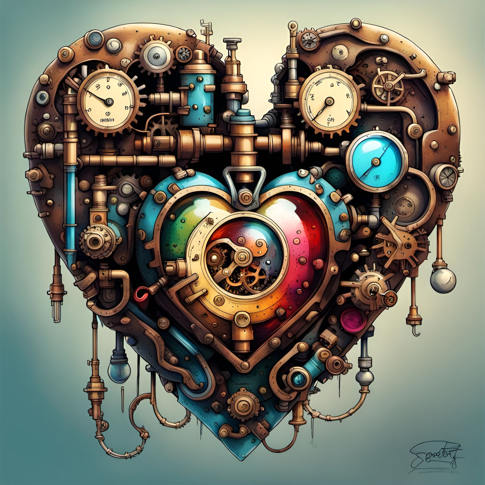 Hyperdetailed Steampunk Heart with Colorful Ink
