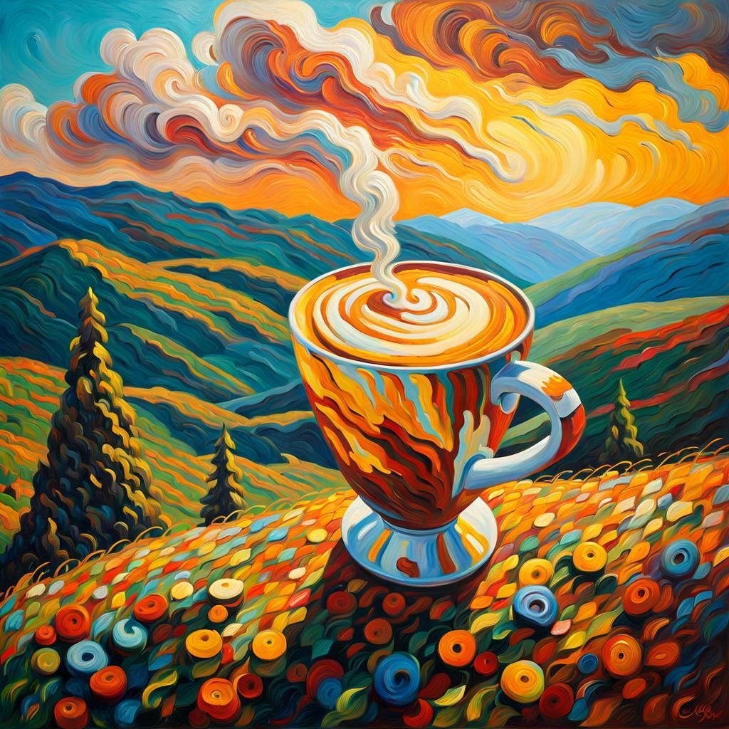 Horse Latte on Mountain: Neo-Impressionist Oil Painting