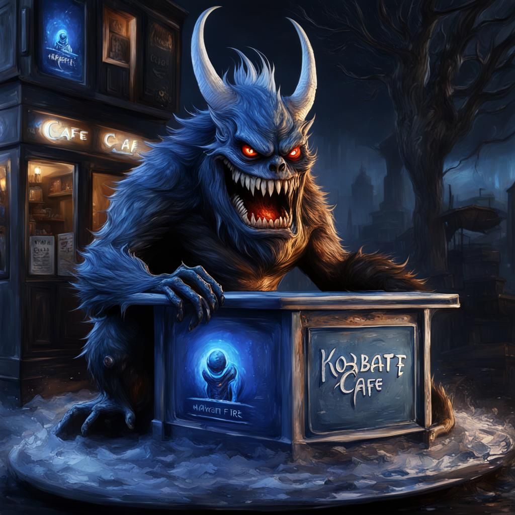 Monster Sits on Night Cafe Box in 3D HD