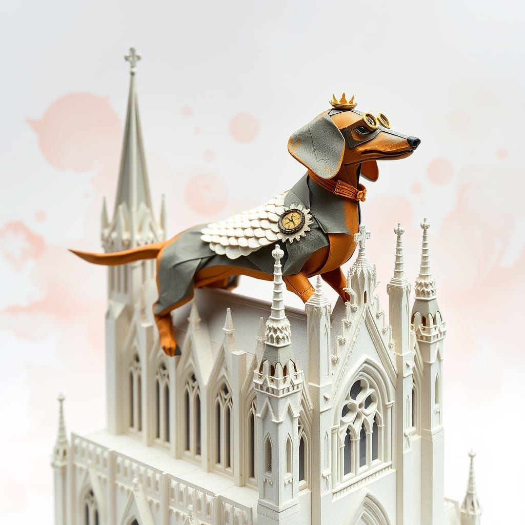 Steampunk Dachshund Origami Sculpture Amidst Gothic Cathedra...