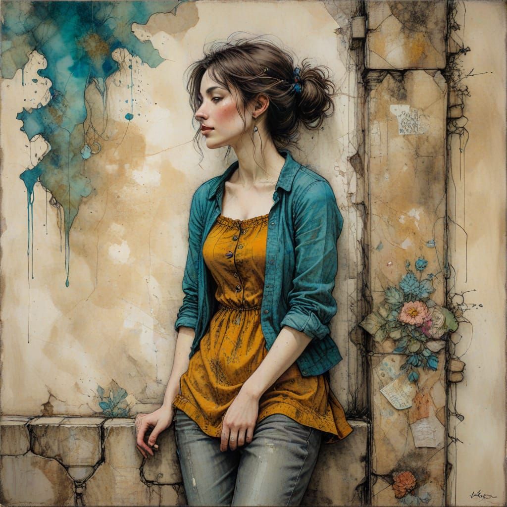 Cheerful Girl Leaning, Mixed Media Collage