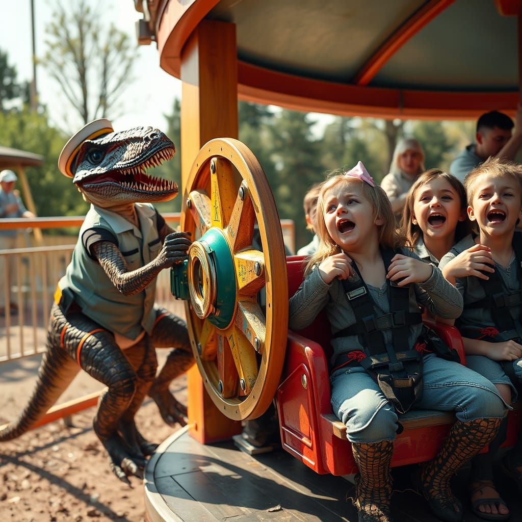 Velociraptor trio moving an attraction seat wheel, frighteni...