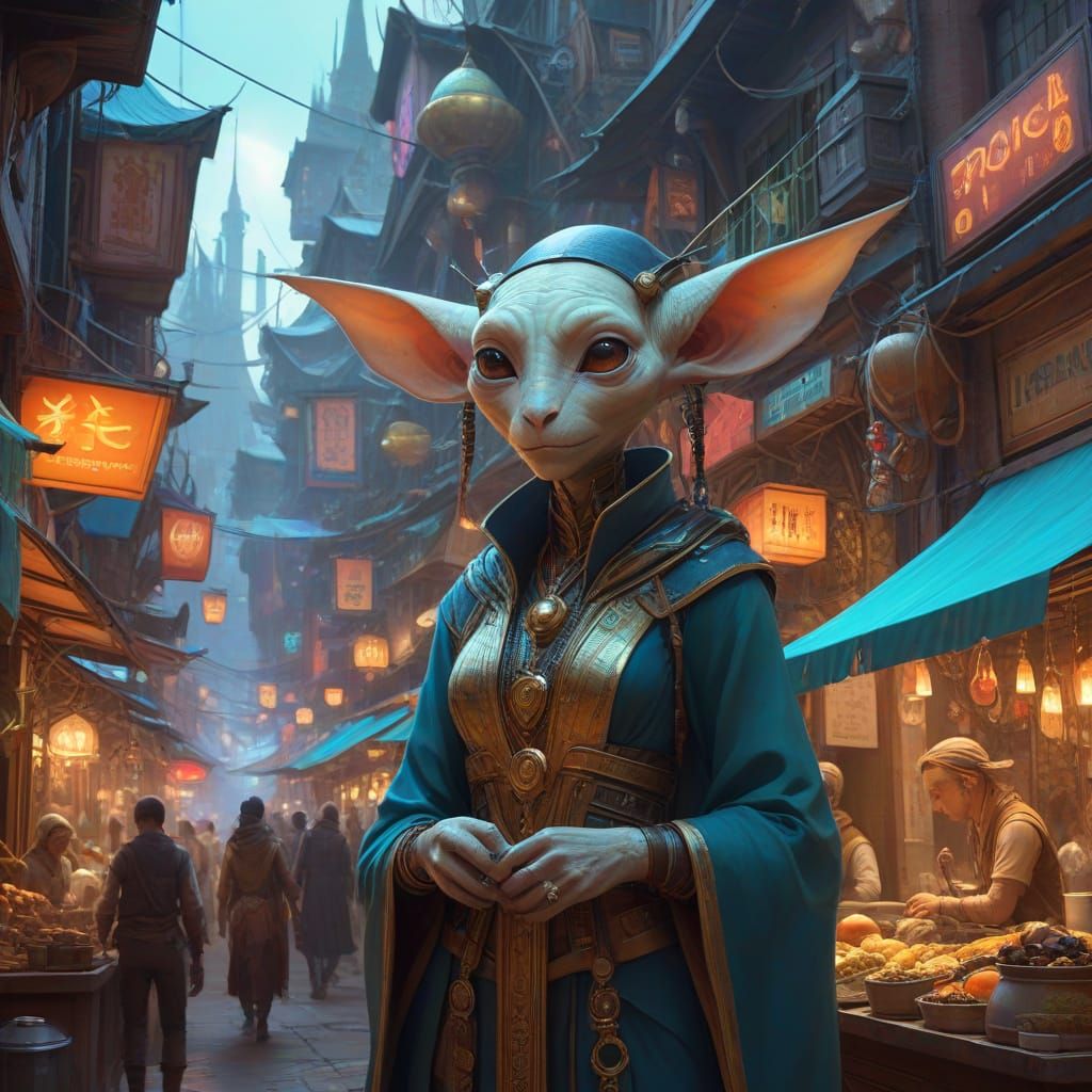 Pointy-Eared Alien Merchant in Cyberpunk City Bazaar