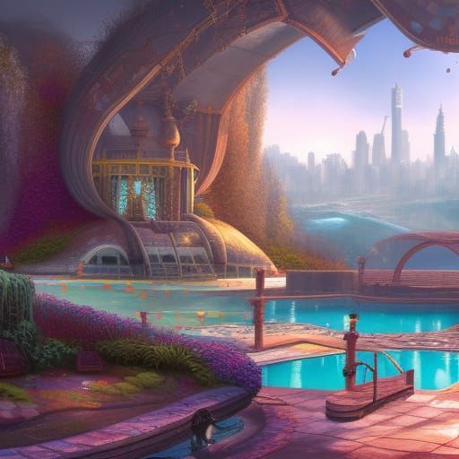 Fantastical City of Swimming Pools: Detailed Matte Painting