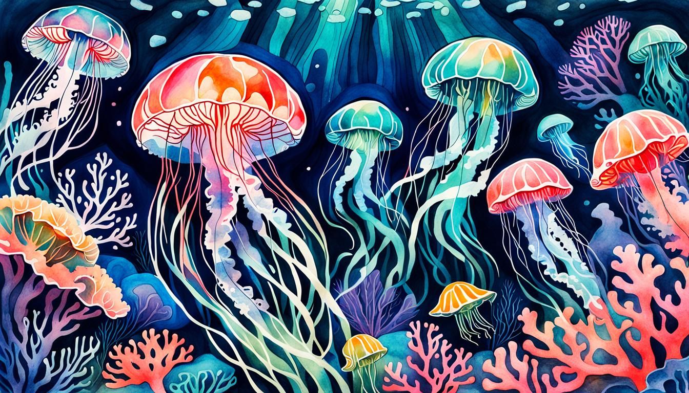 Neon Underwater World with Corals and Jellyfish