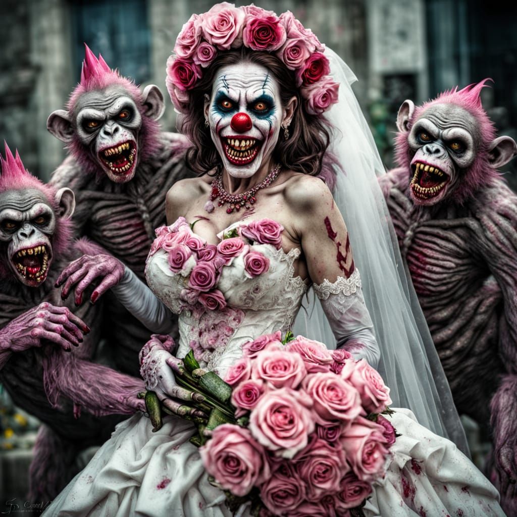 Hyperrealistic Zombie Monkey Clown Bride with Roses
