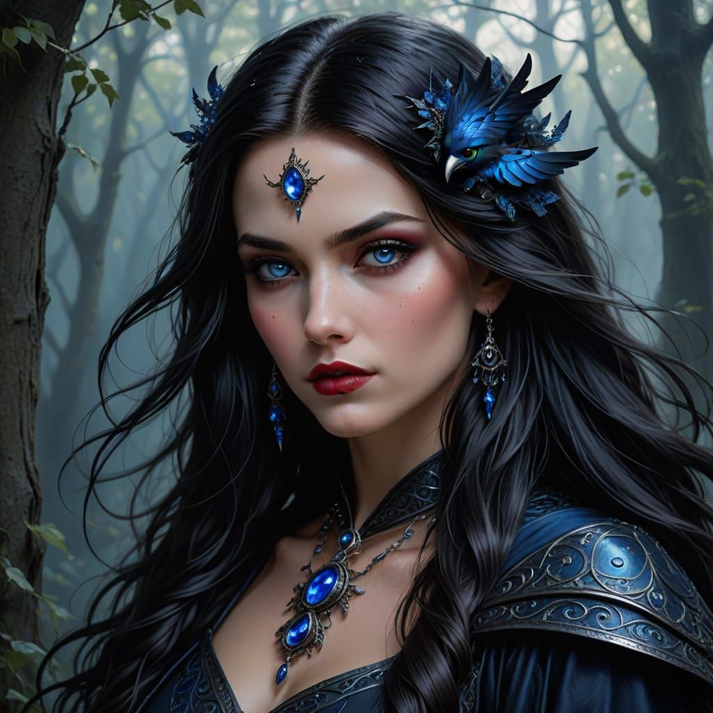 Enchanting Sorceress with Raven Hair and Ruby Lips