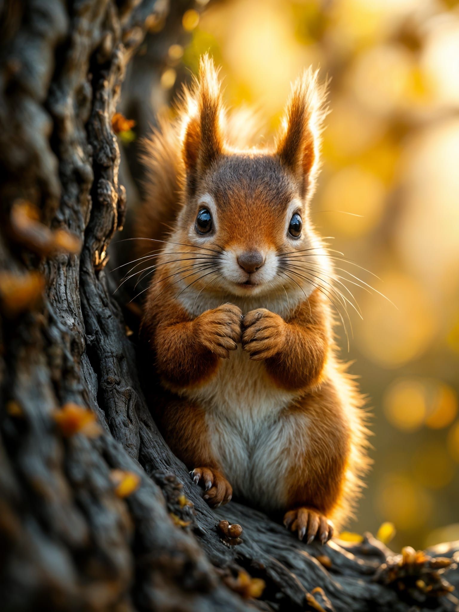 Red squirrel perched on an oak