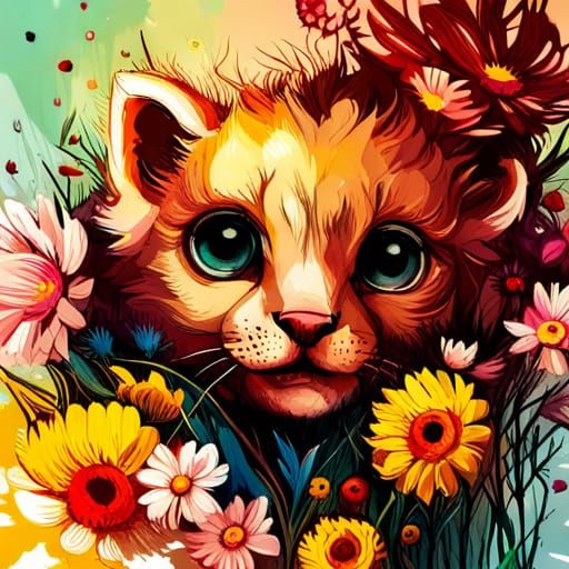 Adorable Lion Cub in a Hyperrealistic Floral Art