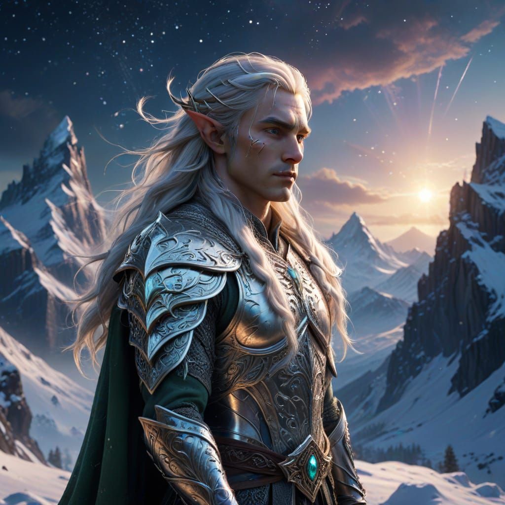 Regal Elven Warrior Surveys Frosty Realm in Elegant Silver A...