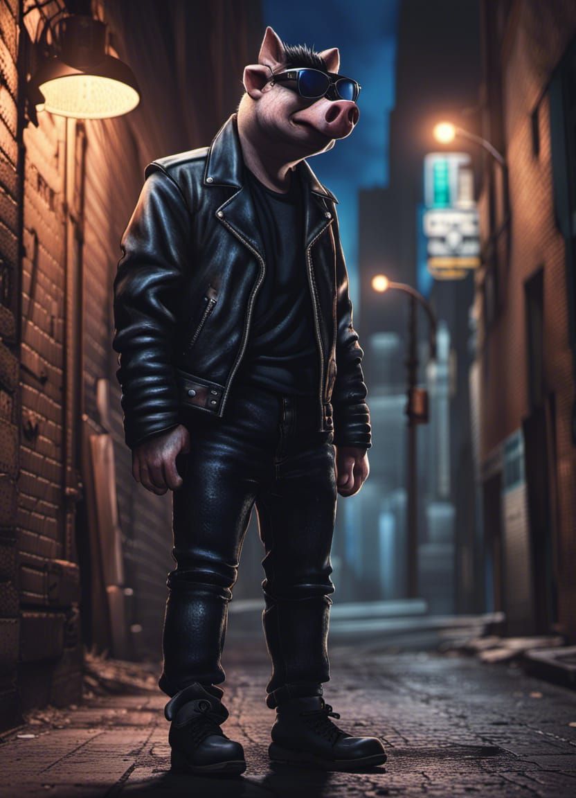 Humanoid Hog Bad-Boy in Moody 80s Style Alley