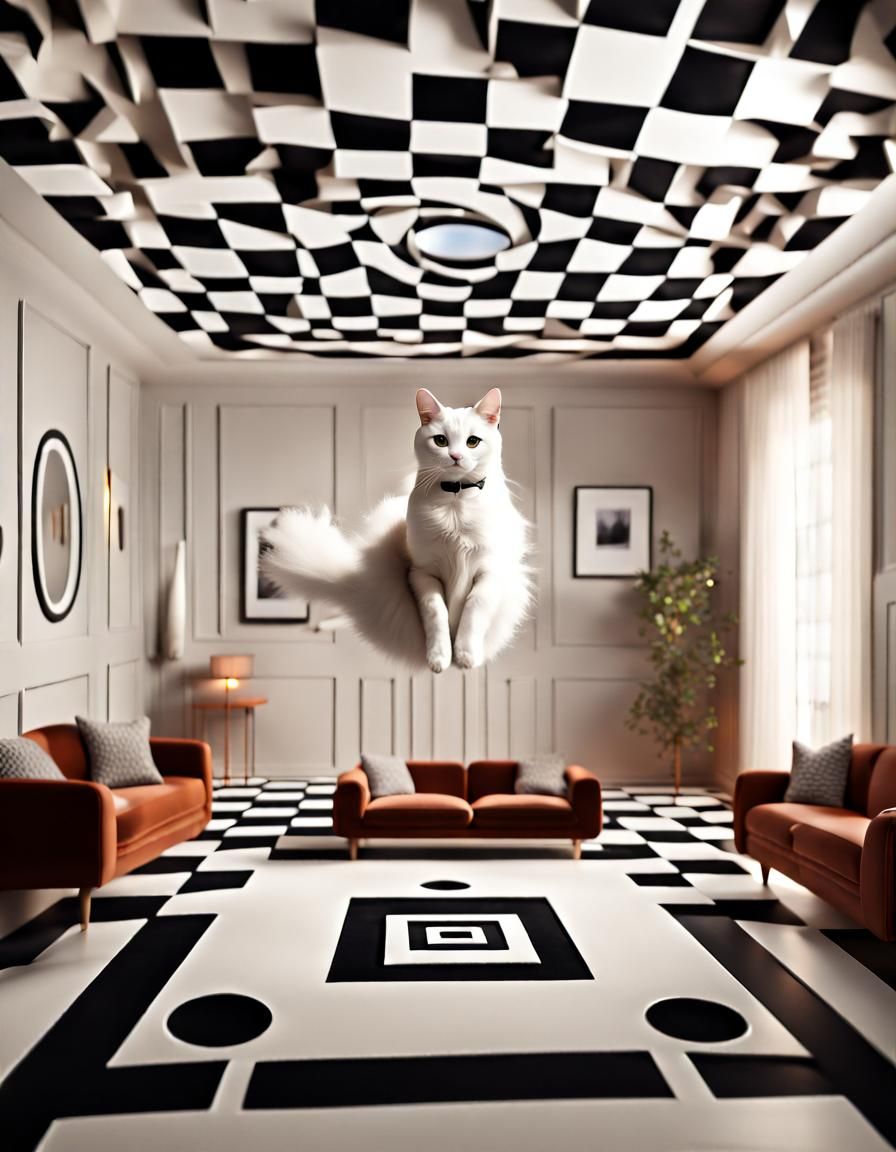 Optical Illusion Living Room with Curious Cat