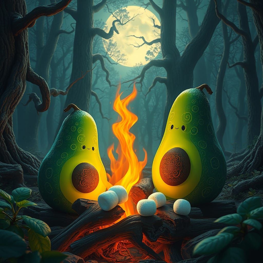 Glowing Avocados Roast Marshmallows by Moonlit Forest Fire