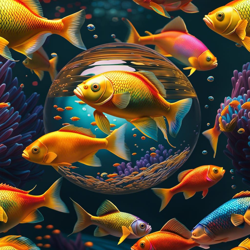 Floating Sphere of Fish: Impressionistic Oil Painting