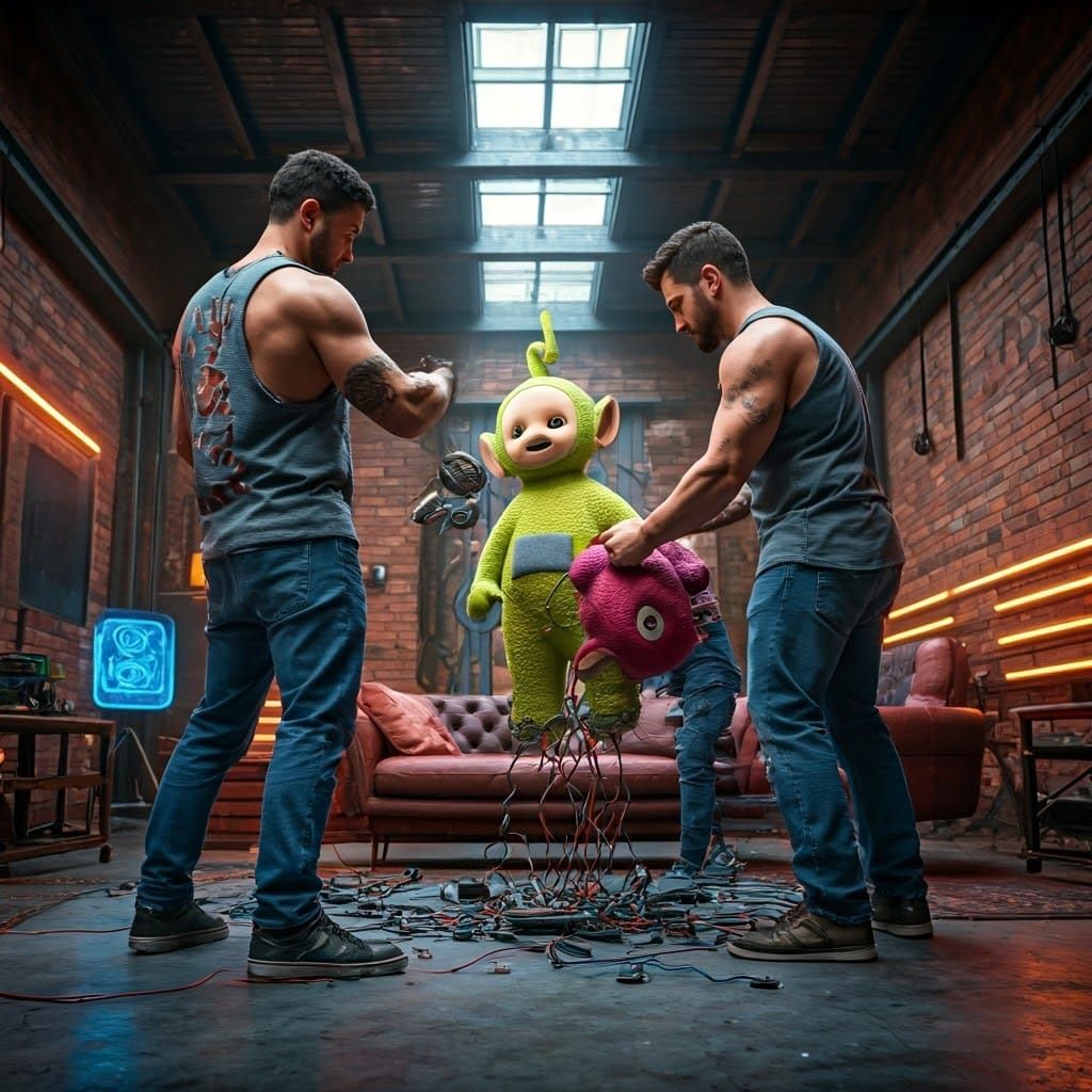 Brawny Men Dismantle Teletubbies in Futuristic Industrial Se...