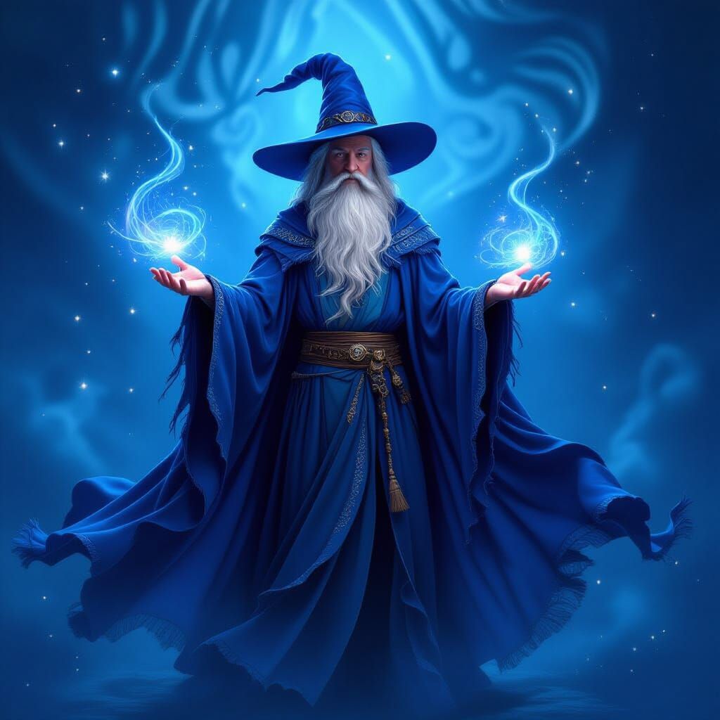Wizard in Deep Blue Magical Setting with Glitter Swirls