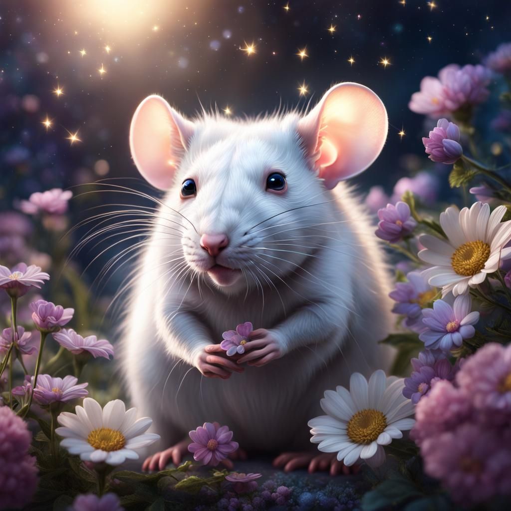 White Rat with Pastel Flowers Fantasy Concept Art
