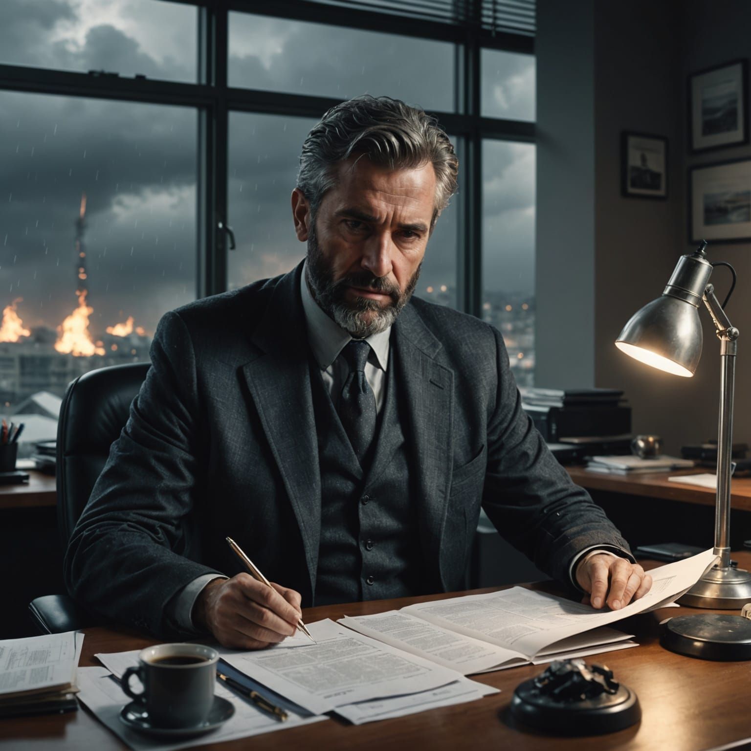 Italian Man at Desk During Storm, Hyperrealistic