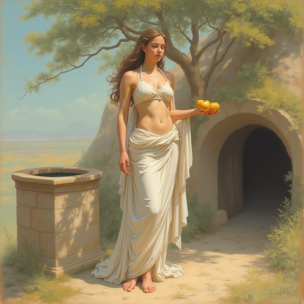 Goddess Atalanta with Golden Apples in Pastel Watercolor